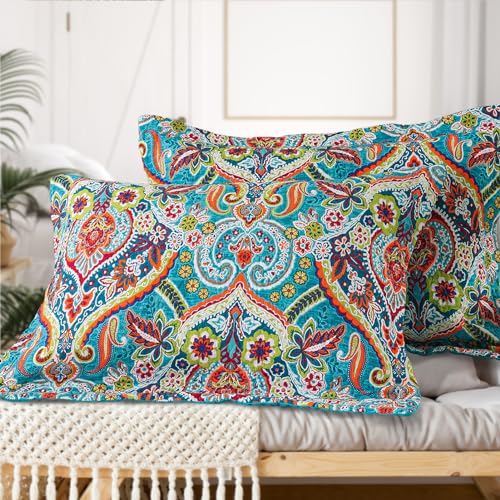 VAPUTAR Quilt Queen Bedding Set - Soft Cotton Quilts with Paisley Floral Pattern - Lightweight Reversible Bedspreads for Farmhouse (3 Pieces, Bright Teal)