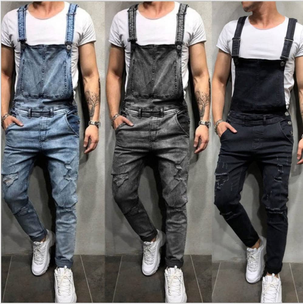 ORANDESIGNE Salopette Uomo in Denim Casual Pantaloni Strappati Uomo in Tinta Unita Salopette Uomo Jeans Slim Fit Moda Ragazzo Jumpsuit Pagliaccetti da Lavoro con Bretelle