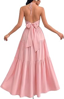 GLNEGE Summer Beach Vacation Sundress Flowy Wedding Guest Maxi Dress 2026 | Women's Halter V Neck A Line Boho Sun Dress Casual Bow Tie Backless Resort Tiered Long Trendy Dress