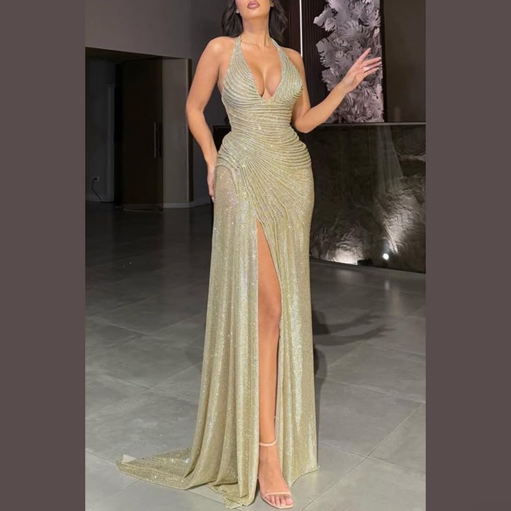 Abito da donna con scollo all'americana con paillettes lucide con profondo scollo a V, design senza schienale e spacco sui fianchi, perfetto per eventi serali, feste e riunioni di vacanza