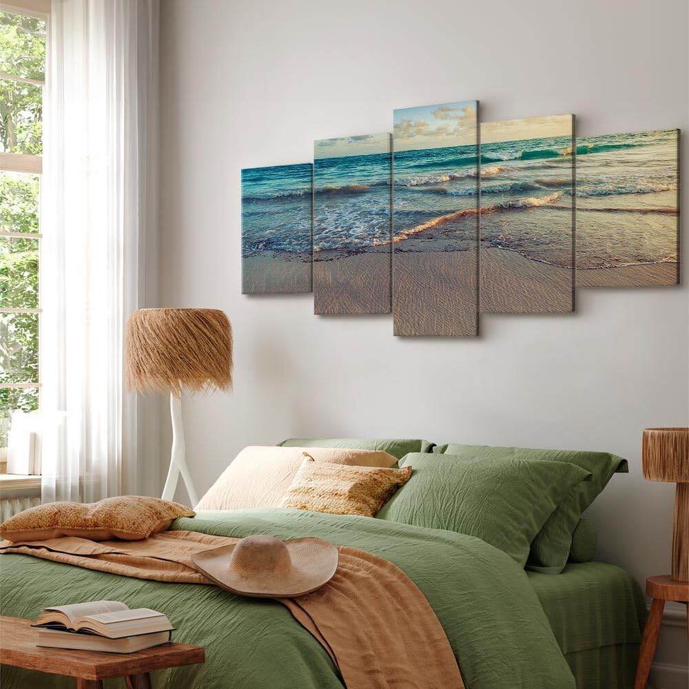 decomonkey - Impression sur Toile Paysage Mer Plage 150x75 5 Pièces - Tableau Décoration Appartement Cadre en Bois Déco Salon Peinture sur Toile Nuages vagues mer ciel sable plage tropical eau