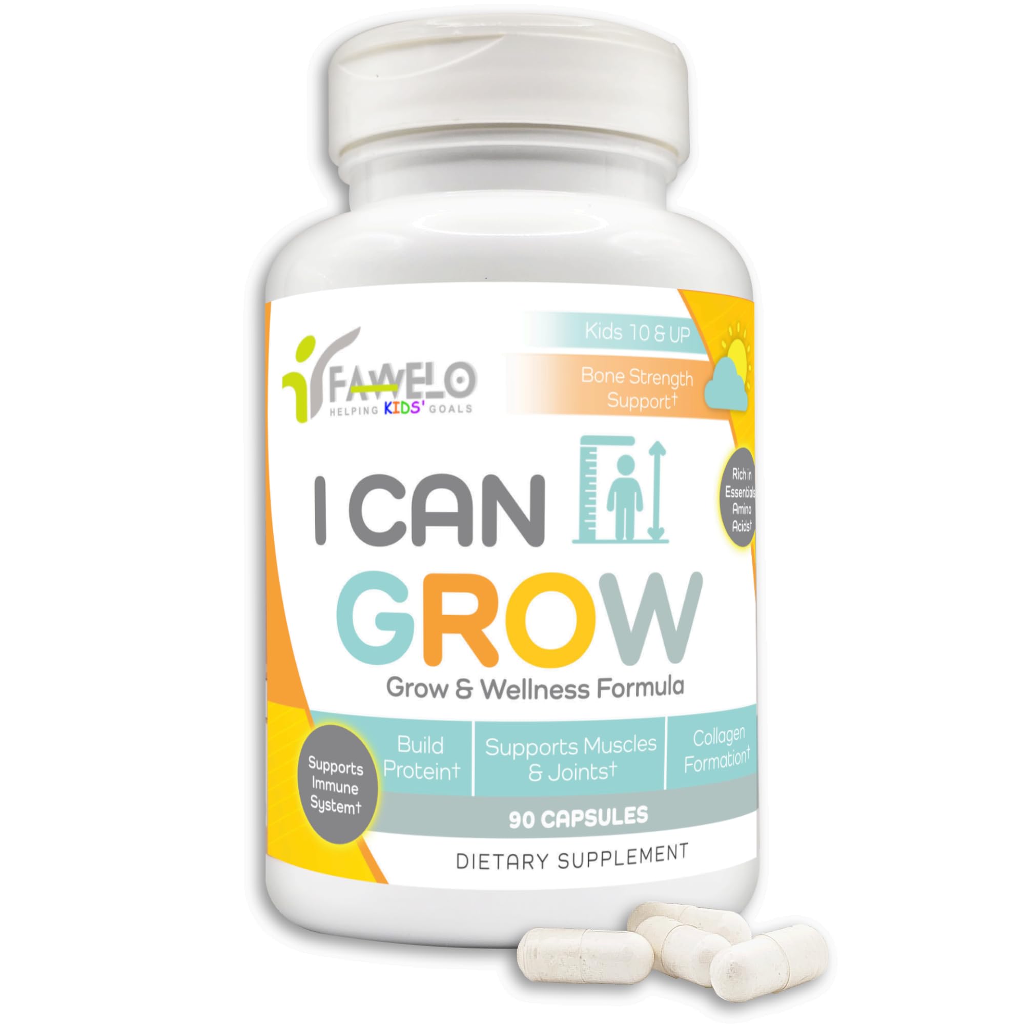 Fawelo I Can Grow Day-Time for Kids 10+ & Teens | Growth & Development Support with L-Arginine, Colostrum, Calcium, D3, Magnesium, Zinc | Bone