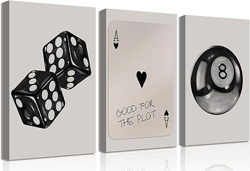 3 piezas de dados de póquer en blanco y negro, arte de pared, diseño retro Y2K moderno Preppy Pictures Lucky 8 Ball Poster Prints Art Painting para