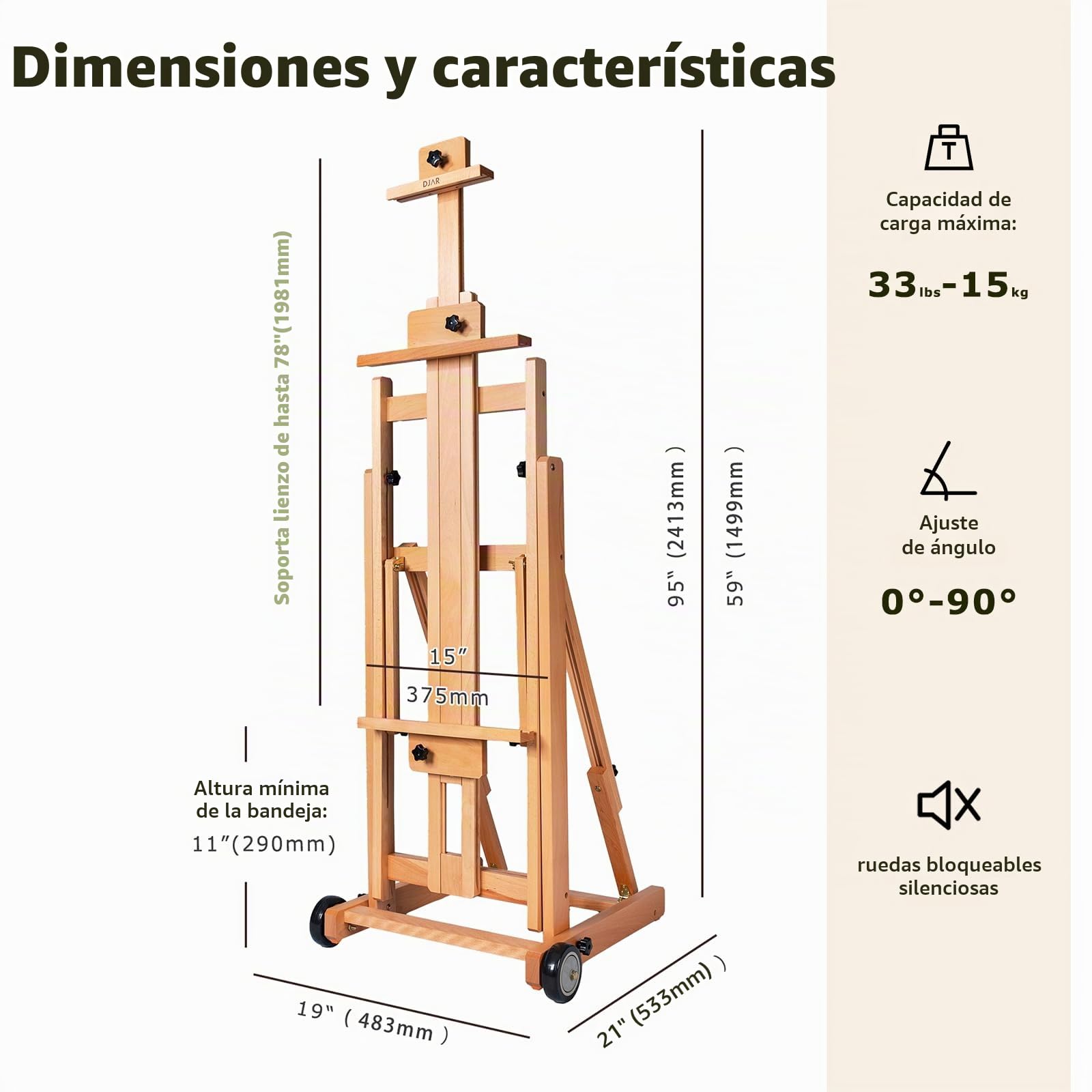 DJAR Caballete de Estudio Grande en H, Caballete de Suelo Ajustable de Madera de Haya Maciza, Inclinable Plano, Soporta 1 o 2 Lienzos hasta 198 cm