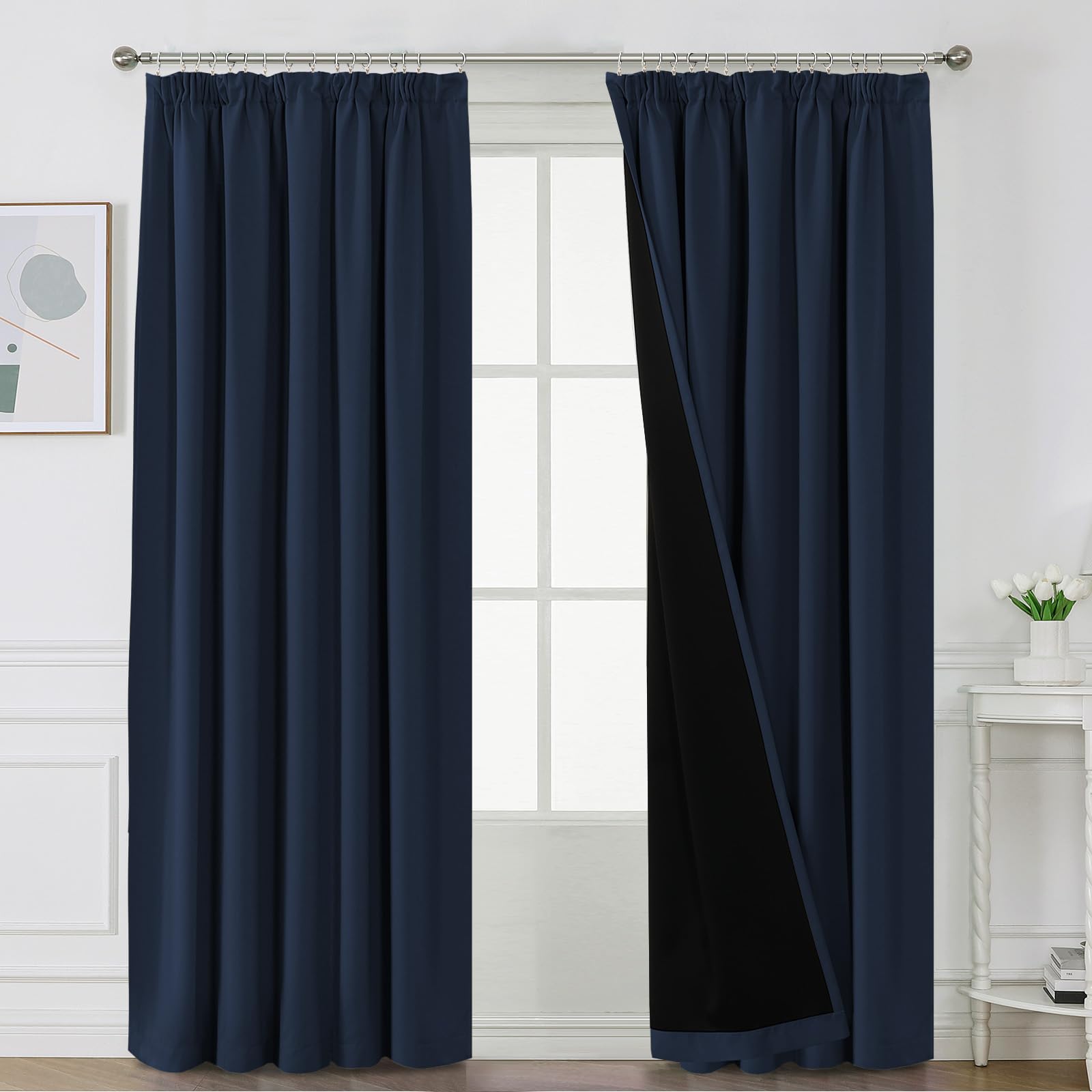 Bellahills Navy 100% Blackout Curtains For Bedroom Thermal Insulated Curtains & Drapes Blackout Curtains Pencil Pleat Curtains For Living Room With Black Liner 2 Panels Set, 90 X 90 Inch,