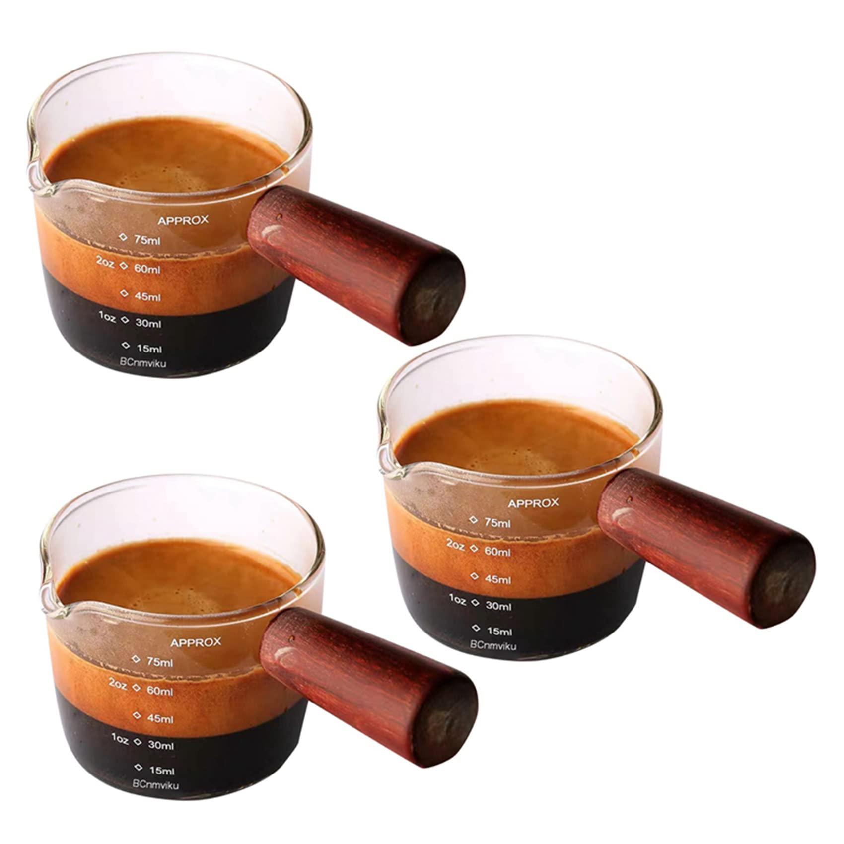 Hndhbfgrt 3X Glass Measuring Cup Espresso Shot Glass 75ML Triple Pitcher Single Spouts with Wood Handle