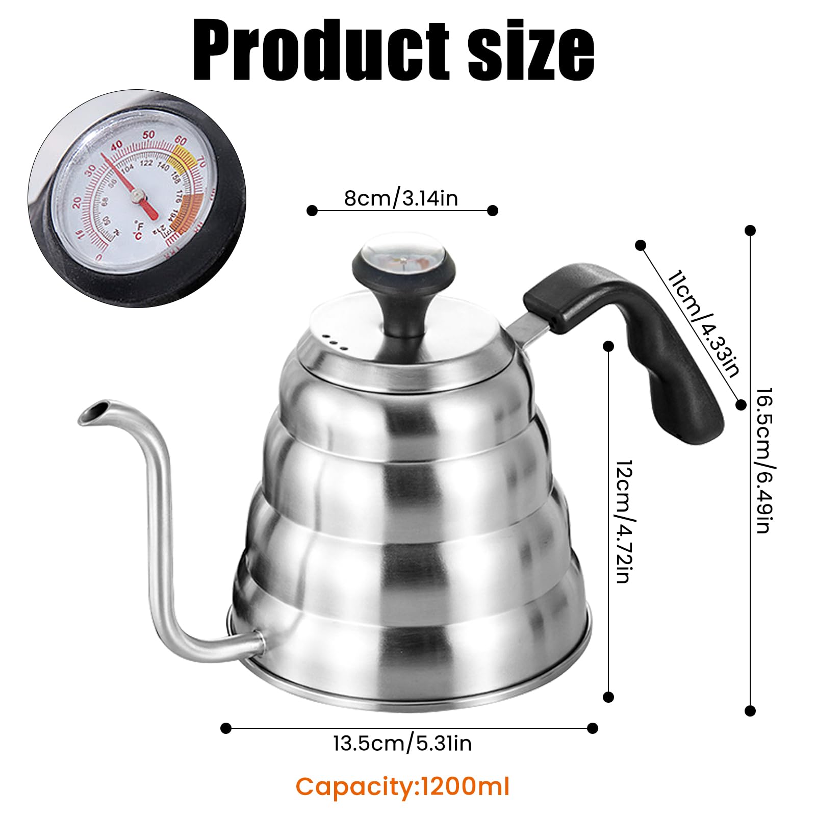 Bollitore a collo di cigno: 1200 ml / 40 oz in acciaio inox, bollitore a collo di cigno con termometro per tutti i tipi di fornelli, durevole, facile da pulire