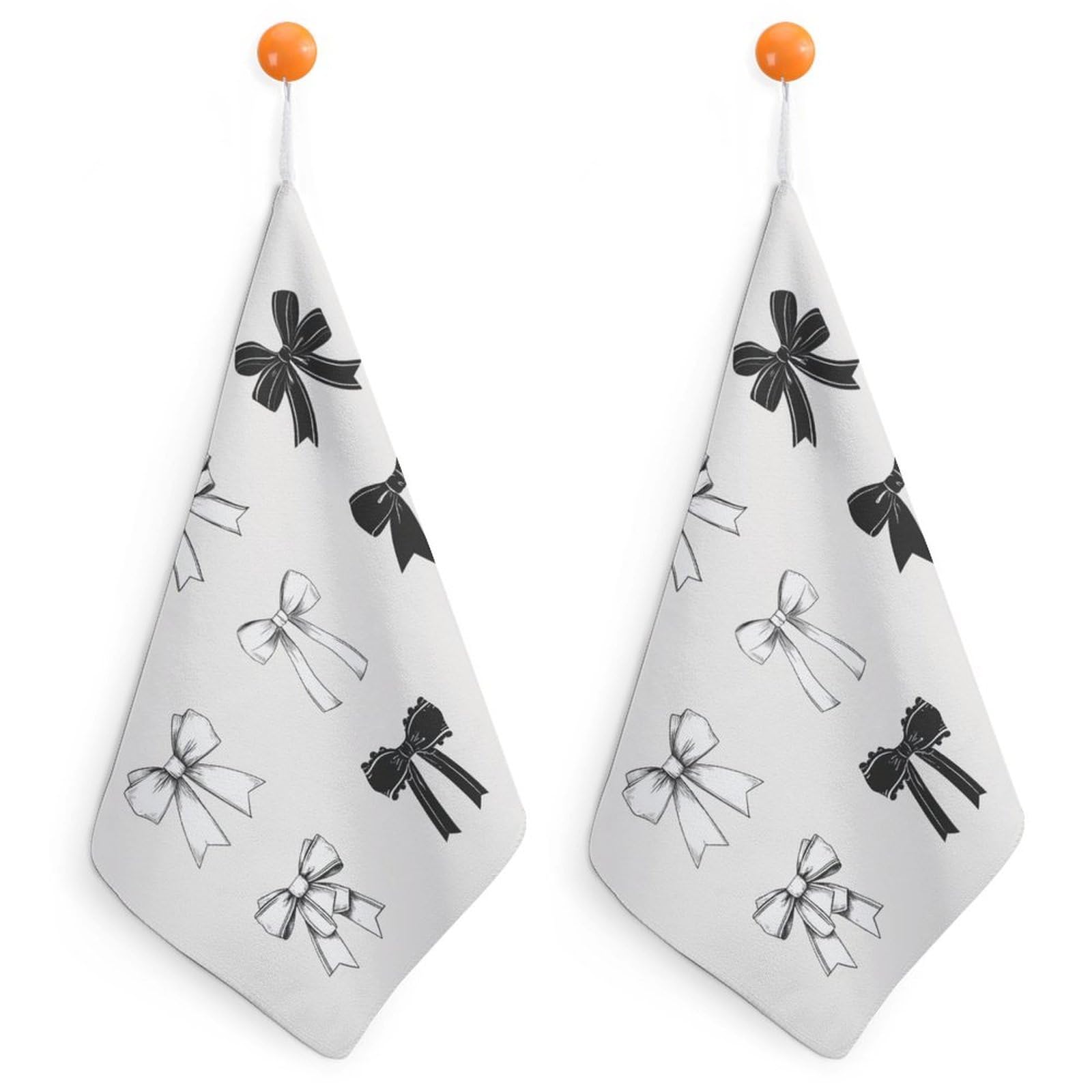 Jubonexis Black And White Bows Ribbon Small Hand Towel with Hanging Loop 2 PCS Absorbent Soft Wash Cloth for Kitchen Bathroom
