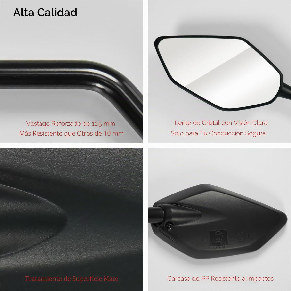 Evermotor - Espejo retrovisor universal para moto y scooter lateral homologado E, espejo retrovisor E4, 1 rosca M10 a la derecha + 1 rosca M10 a la izquierda, 2 roscas M8 a la derecha + 1 rosca M8 a