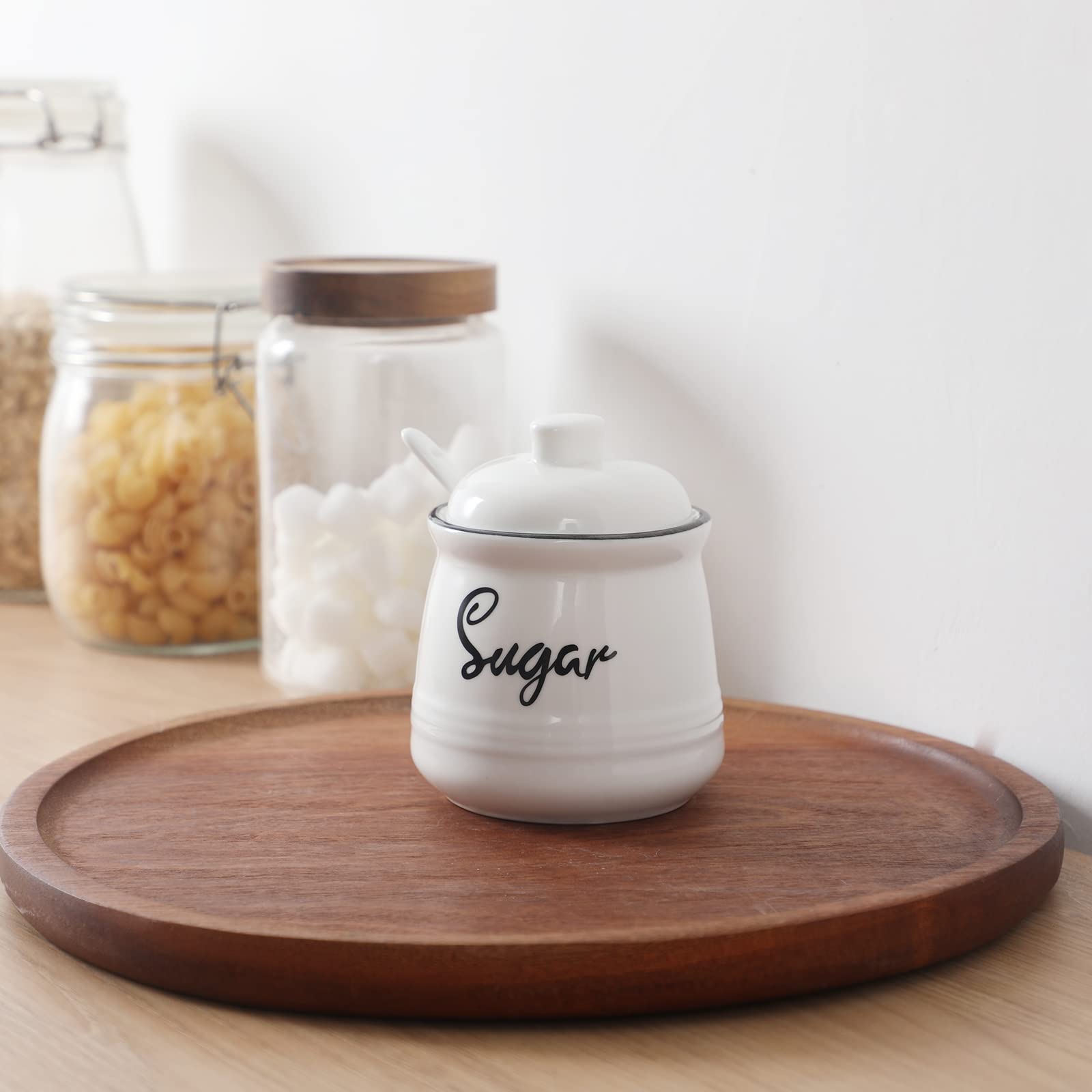 Azucarero de porcelana con tapa y cuchara, 12 onzas, fácil de limpiar (blanco)
