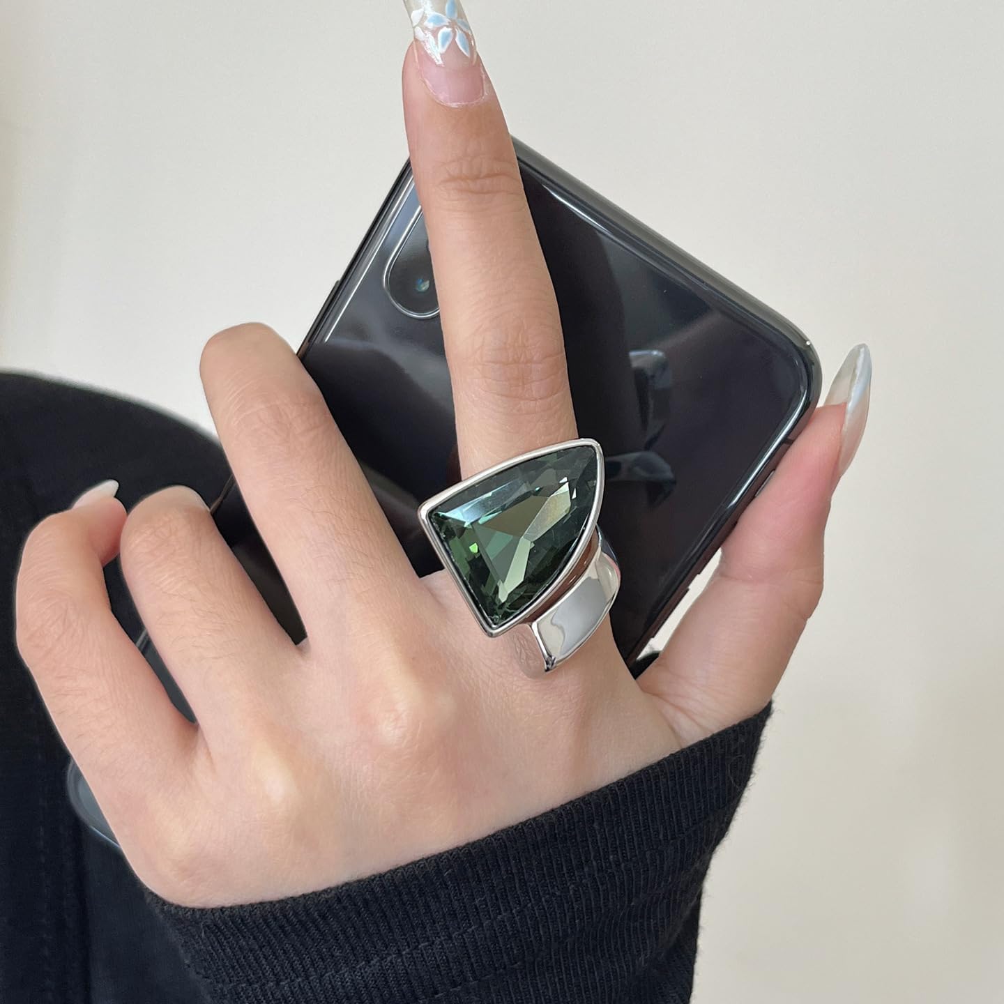 Chunky Green Rhinestone Triangle Open Large Statement Ring For Women Adjustable Wrap Band Exaggerated Thick Geometric Crystal Stone Finger Rings Wedding Party Cocktail Prom Fashion Jewelry Gifts