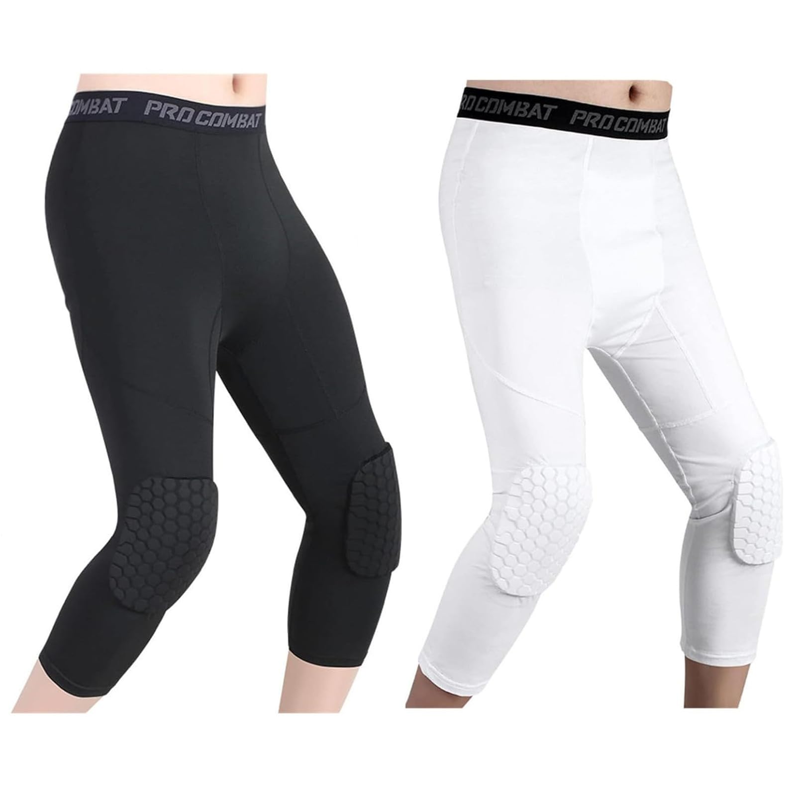 HULG Basketballhose Mit Knieschonern, Knieschoner-Kompressionshose,Gepolsterte Hose Mit Knieschützern 3/4 Capri-Kompressionshose Für Basketball, Fußball, Baseball