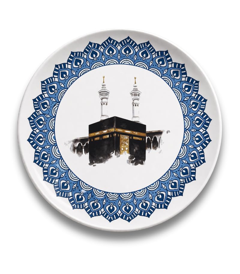 Kaaba Ceramic Decorative Wall Plate, Islamic Art with Blue Mandala Border, Mecca Theme Home Decor 10 x 10 inches-image-20