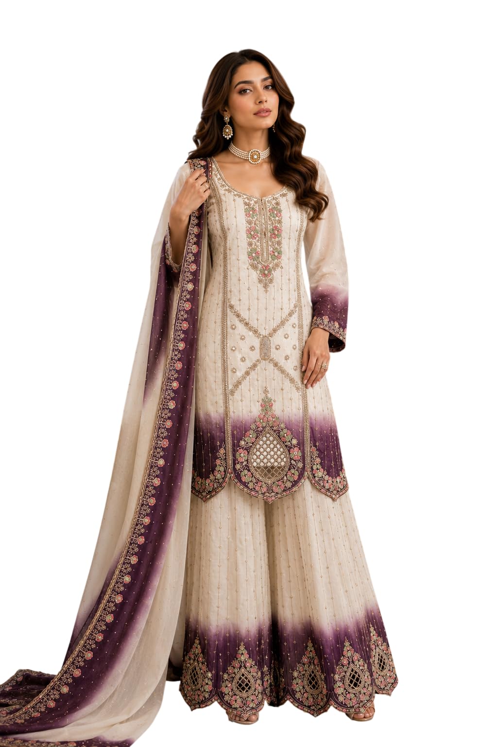 Women’s Georgette Embroidered Kurta Sharara Set with Dupatta | Pakistani Style Palazzo Suit | Heavy Zari Work Wedding Festive Ethnic Outfit-picture-32