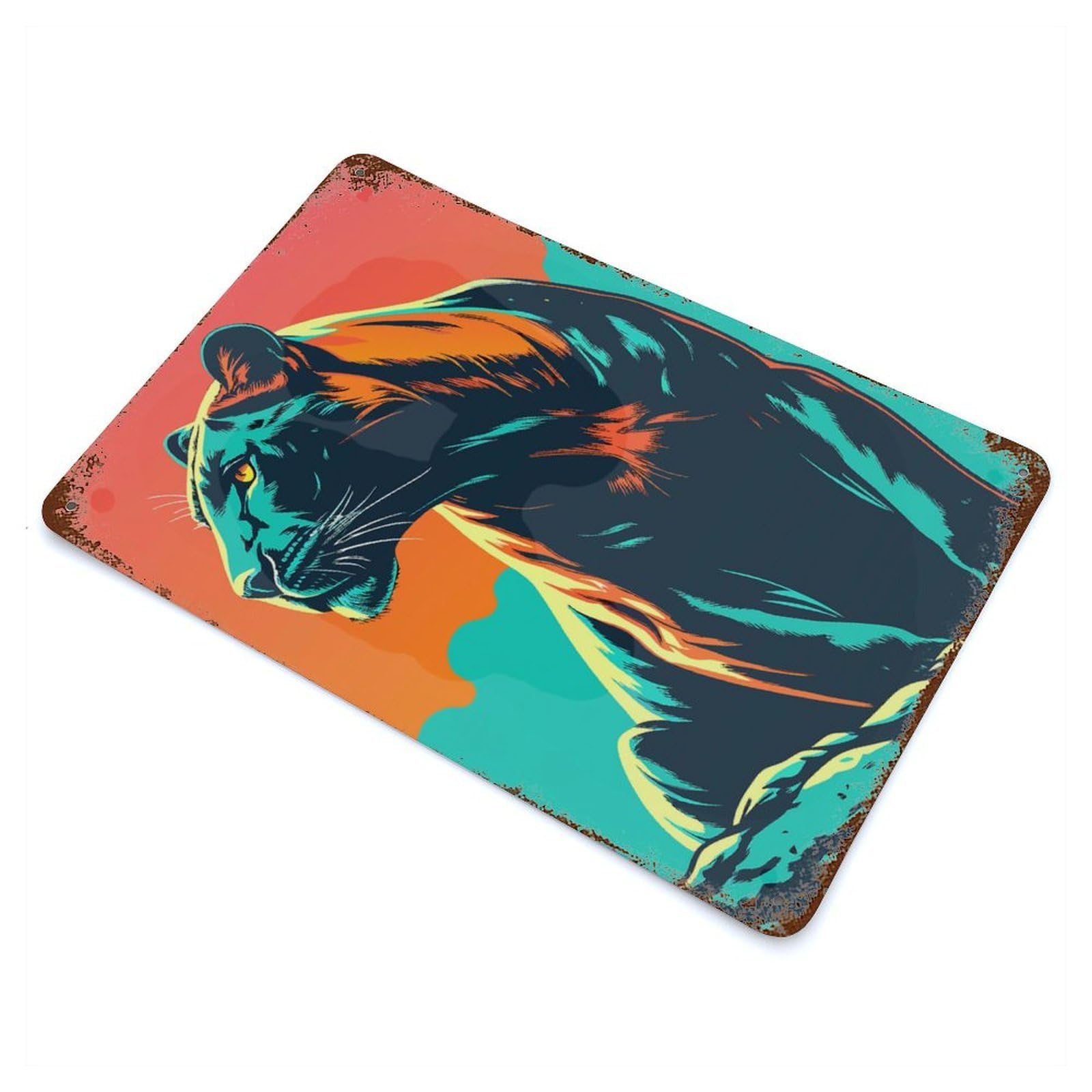 Colorful Panther Portrait 11.8"x7.9" Rust Effect Tin Sign, Rustic Home Decor for Office, Studio And Wall Decor