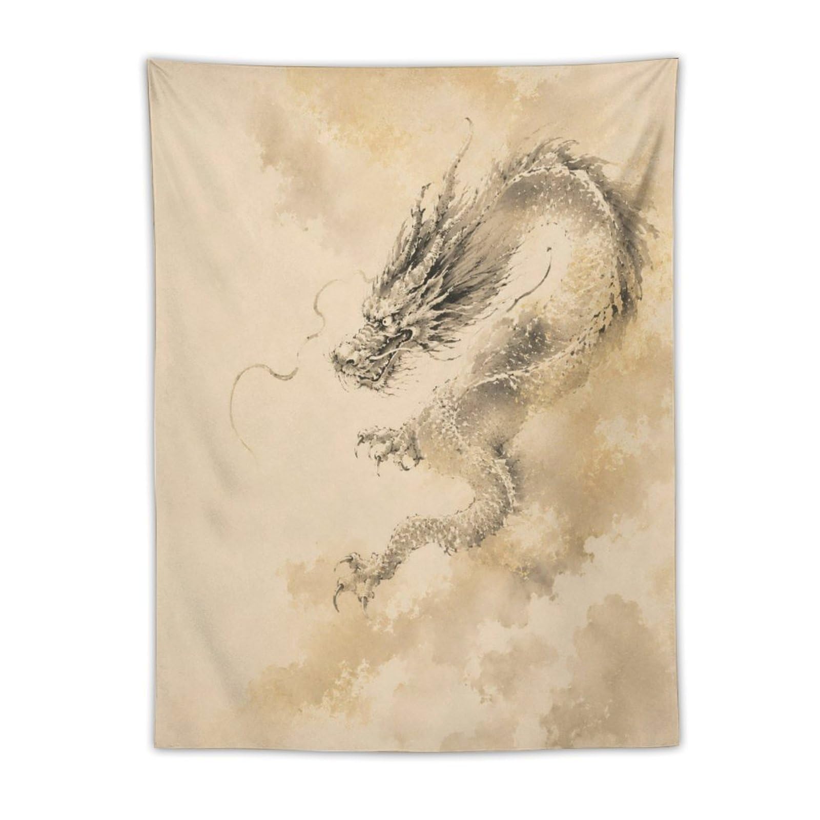 H3B8U2Y5 Ink Dragon Cloud Wall Tapestry, Asian Ink, Minimal Fantasy