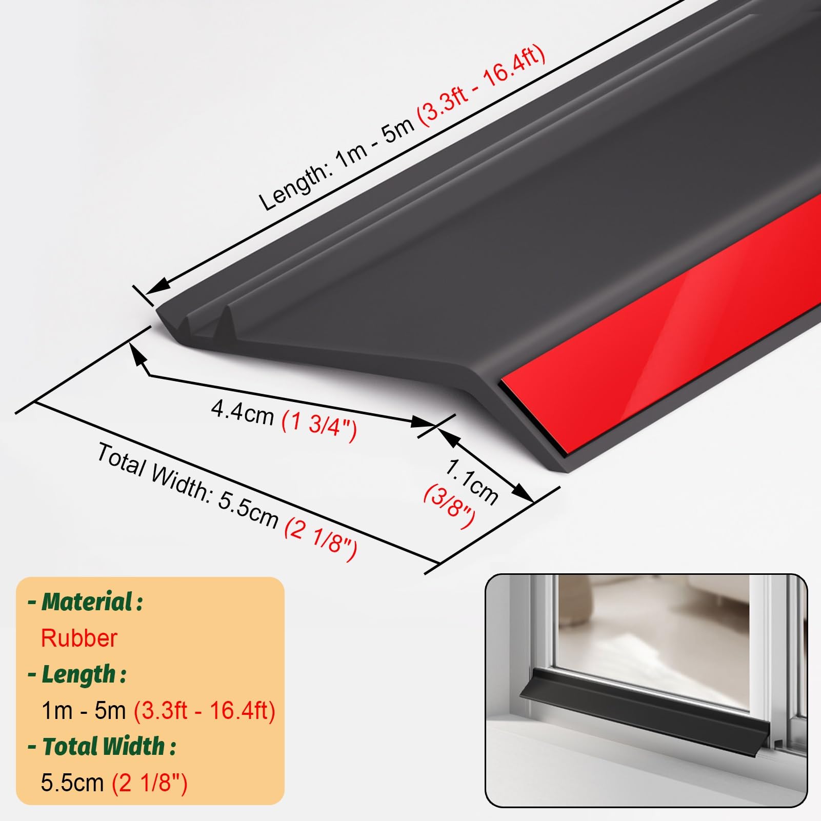 Striscia autoadesiva in gomma per soglia della porta, anti-pioggia, 2,1/8" x 2,5 m, guarnizione per la casa, facile da installare