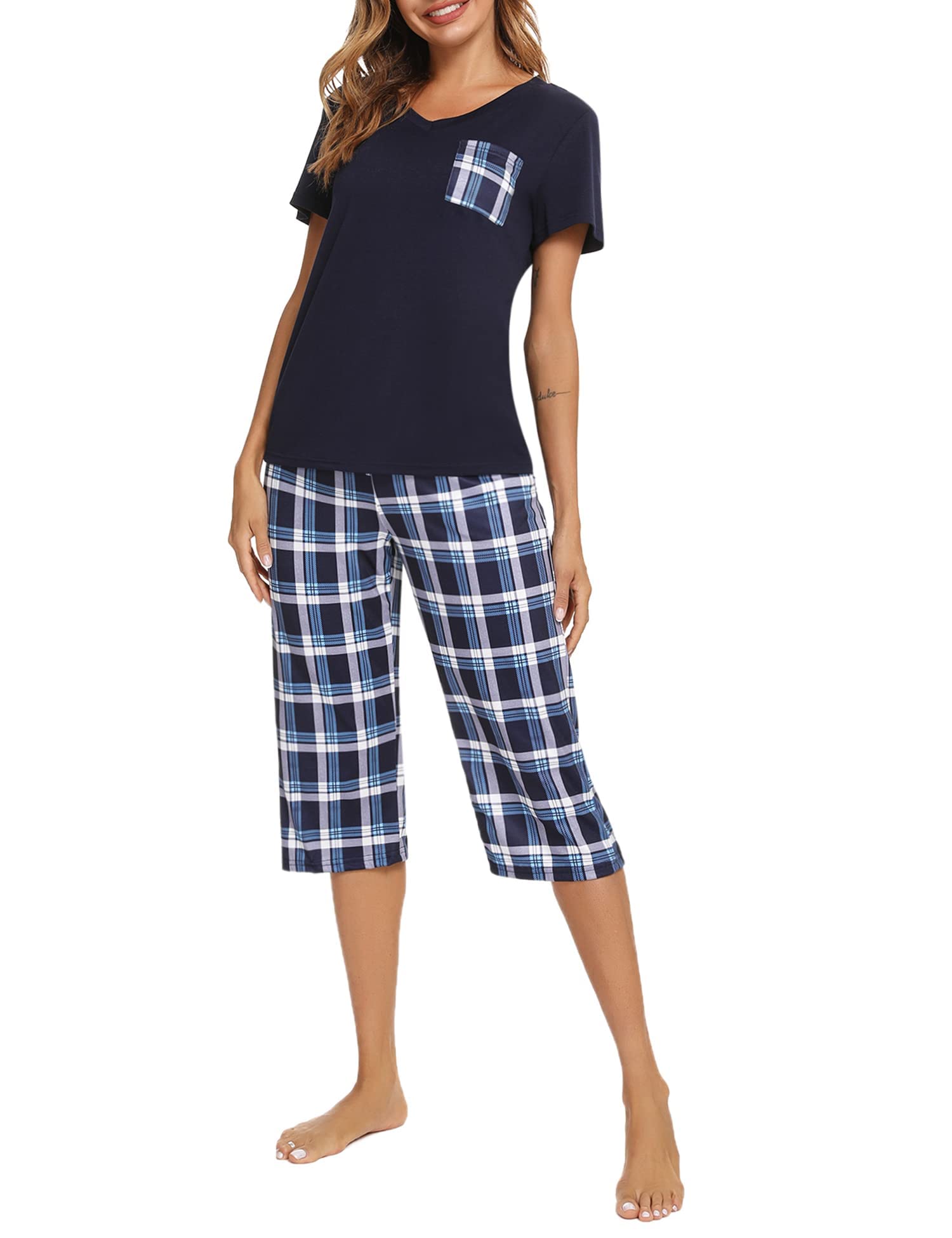 iClosam Schlafanzug Damen Kurz Pyjama Kurzarm Baumwolle V-Ausschnitt Nachtwäsche Set Zweiteiliger Top Kurzarm und 3/4 Lang Karierte Pyjamahose Loungewear Freizeitanzug für Sommer