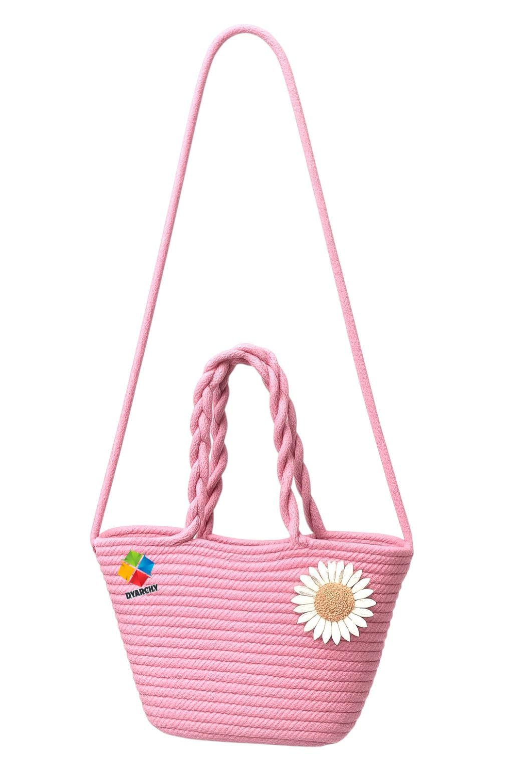 Decorative Woven Straw Basket with Twisted Handles, Daisy Flower Design (PINK)-image-10