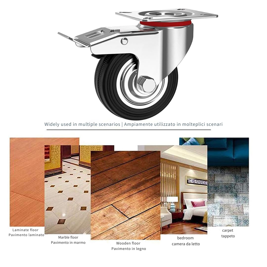 ECOVELO' RUOTE GIREVOLI CON FRENO, ROTELLE SILENZIOSE PIROETTANTI IN GOMMA, CARRELLO CARICHI PESANTI MOBILI,ELETTRODOMESTICI, BANCHI DA LAVORO 100mm, 8