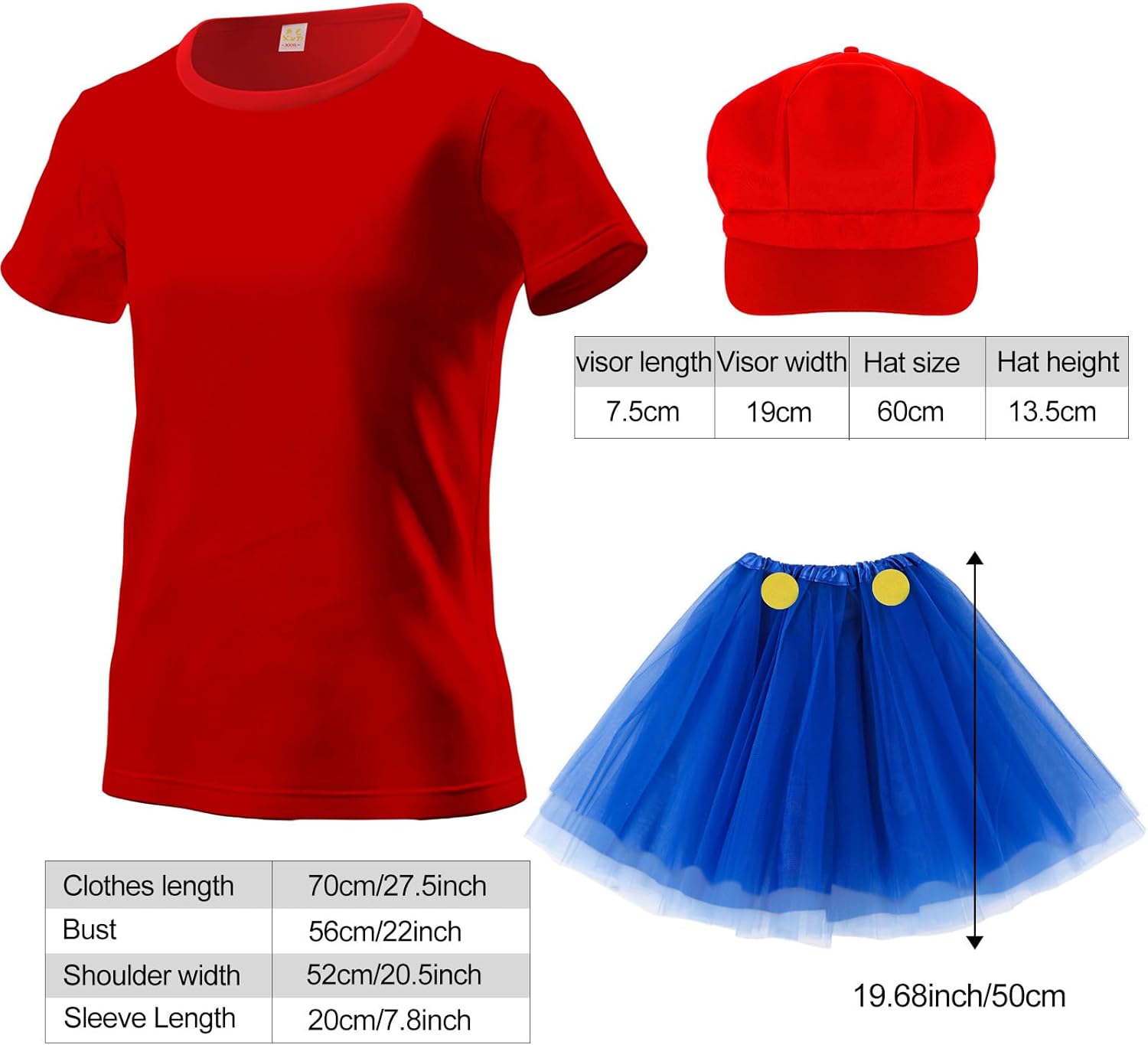 Haysandy 4 Pcs Halloween Cosplay Costume T Shirt Cap Blue Suspenders Tutu Skirt Costume Accessories for Themed Party - Image 4