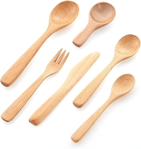 Miniatura 7 de Juego de cuchara de madera para comer, tenedor y cuchillo (6 piezas), cuchara de ensalada, cuchillo esparcidor, cuchara para servir, cucharas