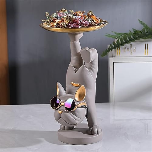 TFIIEXFL - Decoración de sala de estar, figuras de animales, escultura de bulldog francés, estatua, decoración de mesa, plato de frutas (color