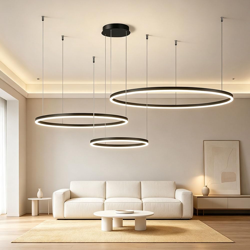 LED Pendelleuchte 3 Ringe Schwarz Dimmbar Höhenverstellbar 40/60/80cm 106W