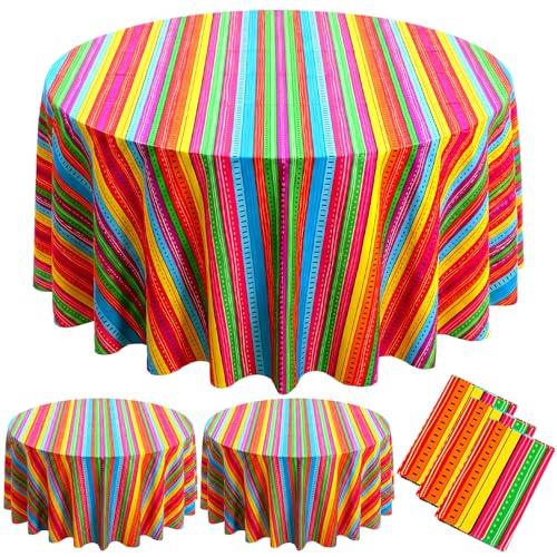 Image of Hahafelt 3 Pcs Mexican Fiesta Plastic Tablecloth 84 Inch Cinco De Mayo Round Disposable Table Cover Colorful Stripe Serape Circular Table Cloth for Mexican Carnival Taco Night Loteria Party Decor