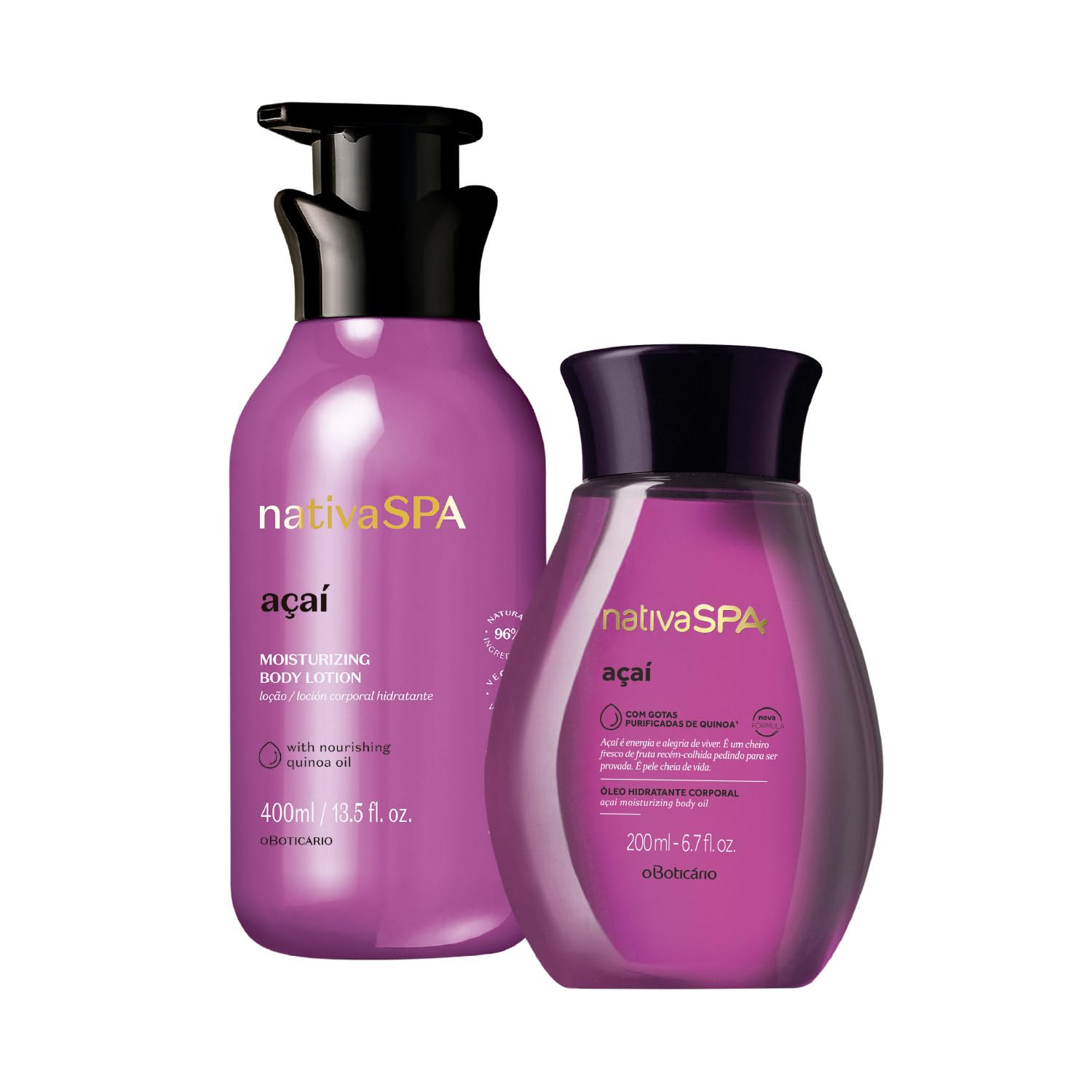 O Boticário Nativa SPA Açaí Geschenkset Hautpflege mit 2 Produkten | Körpercreme Feuchtigkeitsspendend 400ml und Parfümiertes Körperöl 200ml