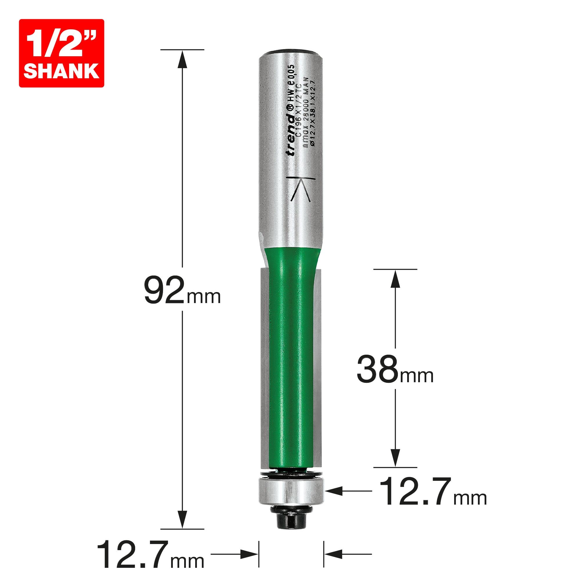 Trend CraftPro Fraise à défoncer à roulement guidé, Queue de 1/2 pouce, Diamètre de coupe 12,7 mm, Longueur de coupe 38 mm, Embout en carbure de tungstène, C196X1/2TC