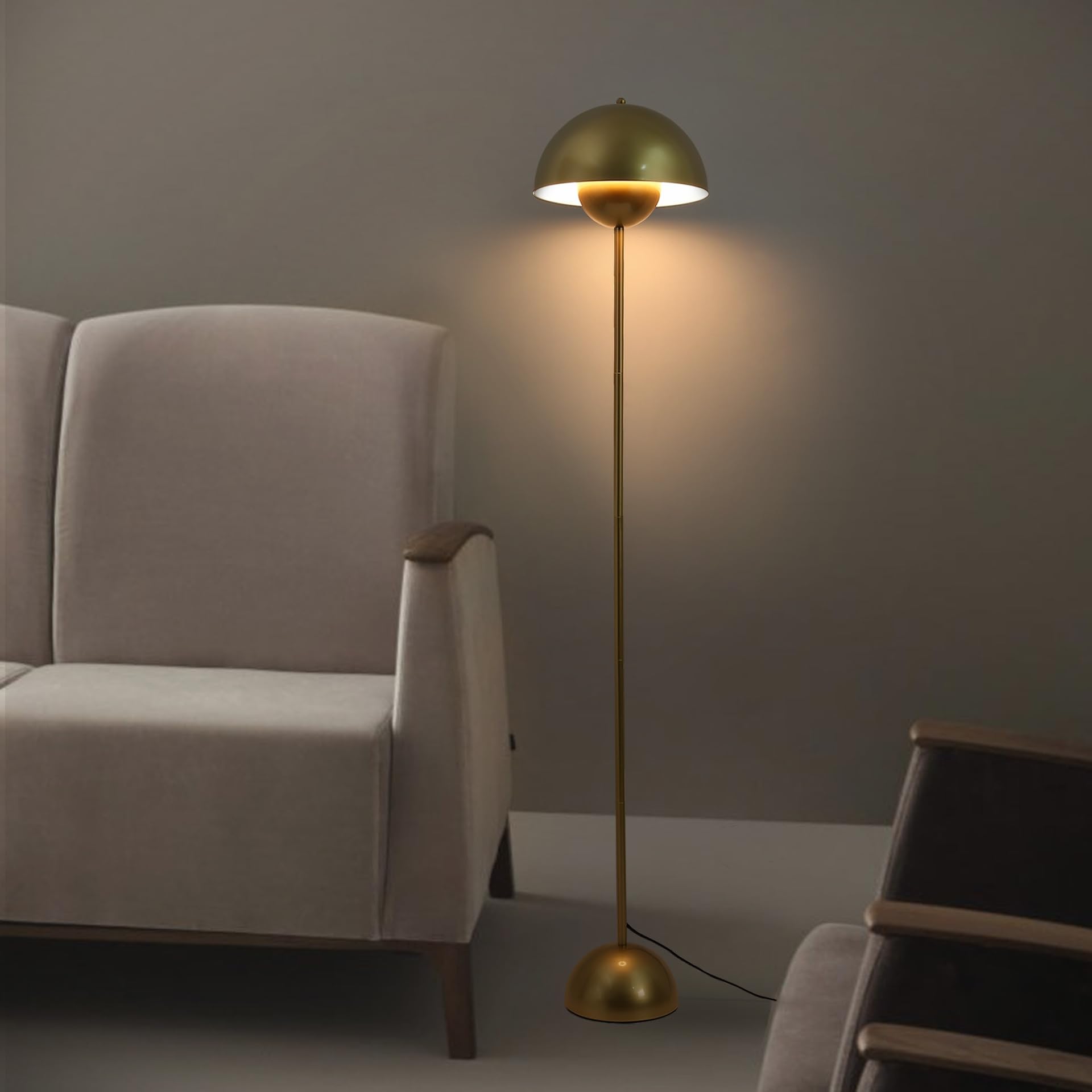 Alpinaluz Lámpara de Pie Dorada de Aluminio con Pantalla de Forma Parabólica Abovedada: Estilo Clásico, Moderno y Nórdico, Ideal para Salón y Comedor con Casquillo E27