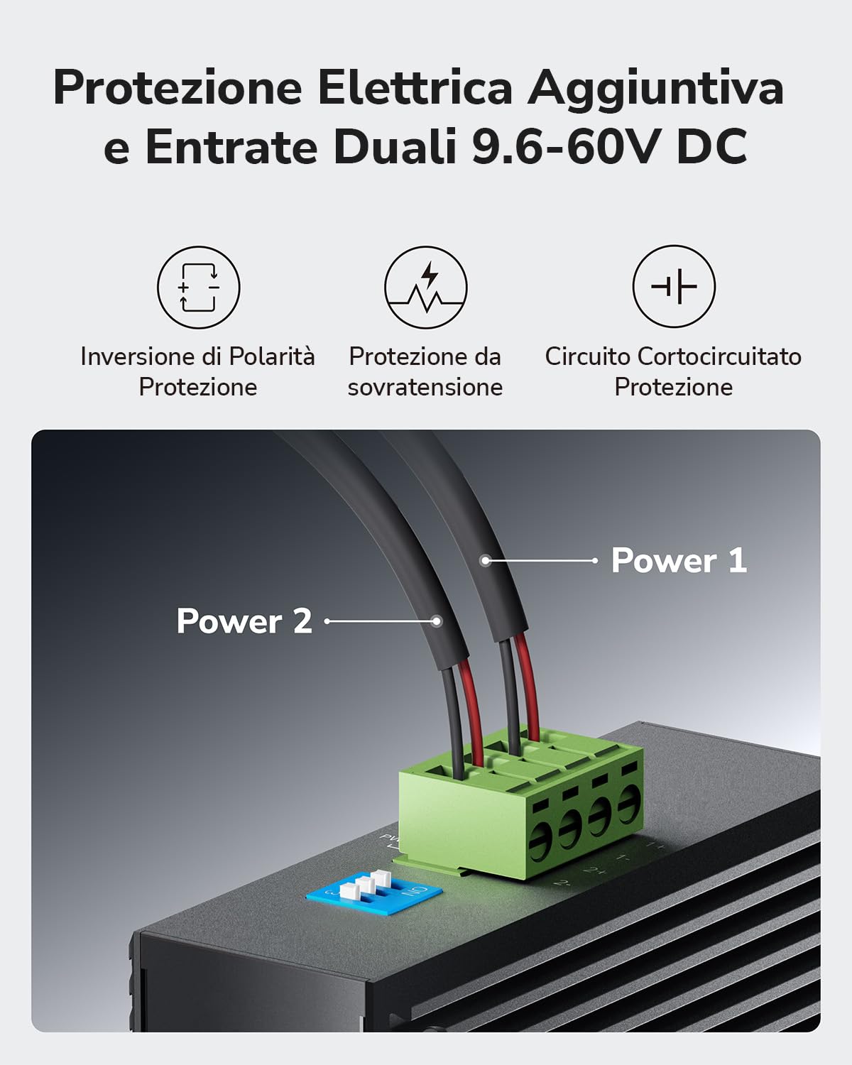 Cudy Switch Gigabit Industriale 8 Porte, Guida DIN, -40~75C, Doppia Alimentazione, IG1008 | 8x Gigabit, Guida DIN/Parete, -40~75C, Doppio DC 12-48V, IP40 Metallo, ESD/Sovratensione, senza ventola, Plug Play