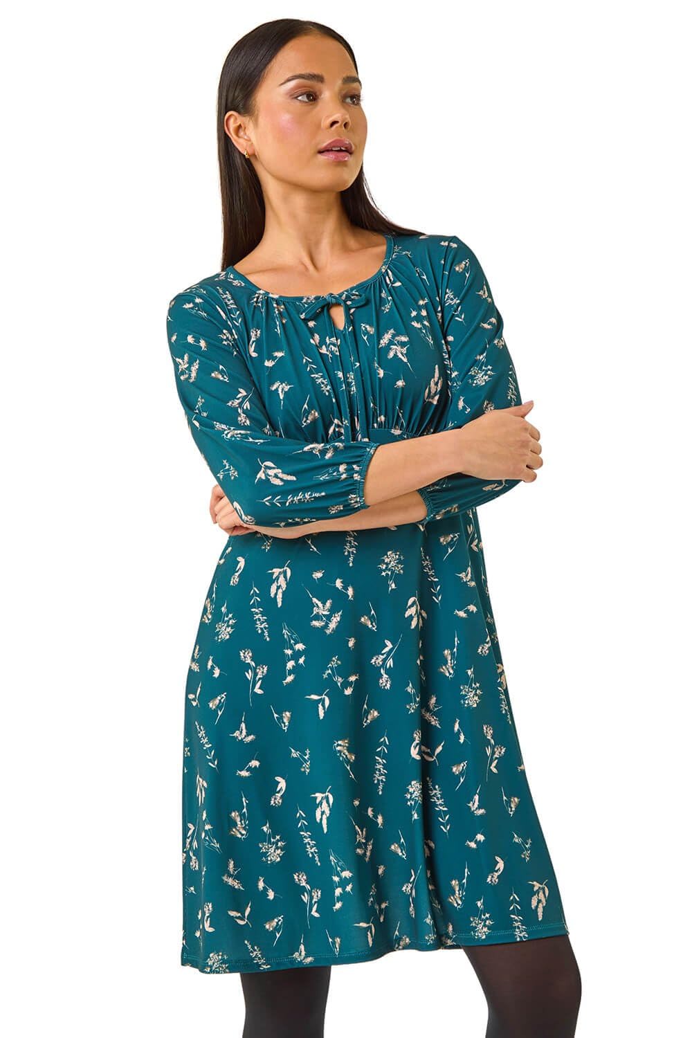 Roman Originals Women's Petite Floral Teal Roman Gathered Chest Dress Stretchy Fit & Flare Swing Tea A Line Skater Knee Length Long Sleeve Midi Smart Casual Work Going Out Cocktail Party - Size 14