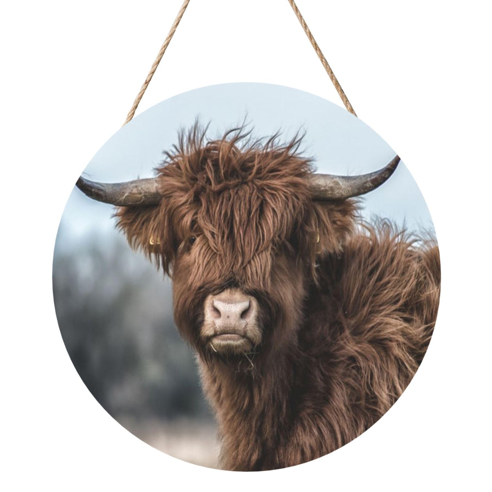 InOmak Highland Cow Scottish Wildlife, Round Wood Panel Painting 12 in, Wall Hanging Painting For Home