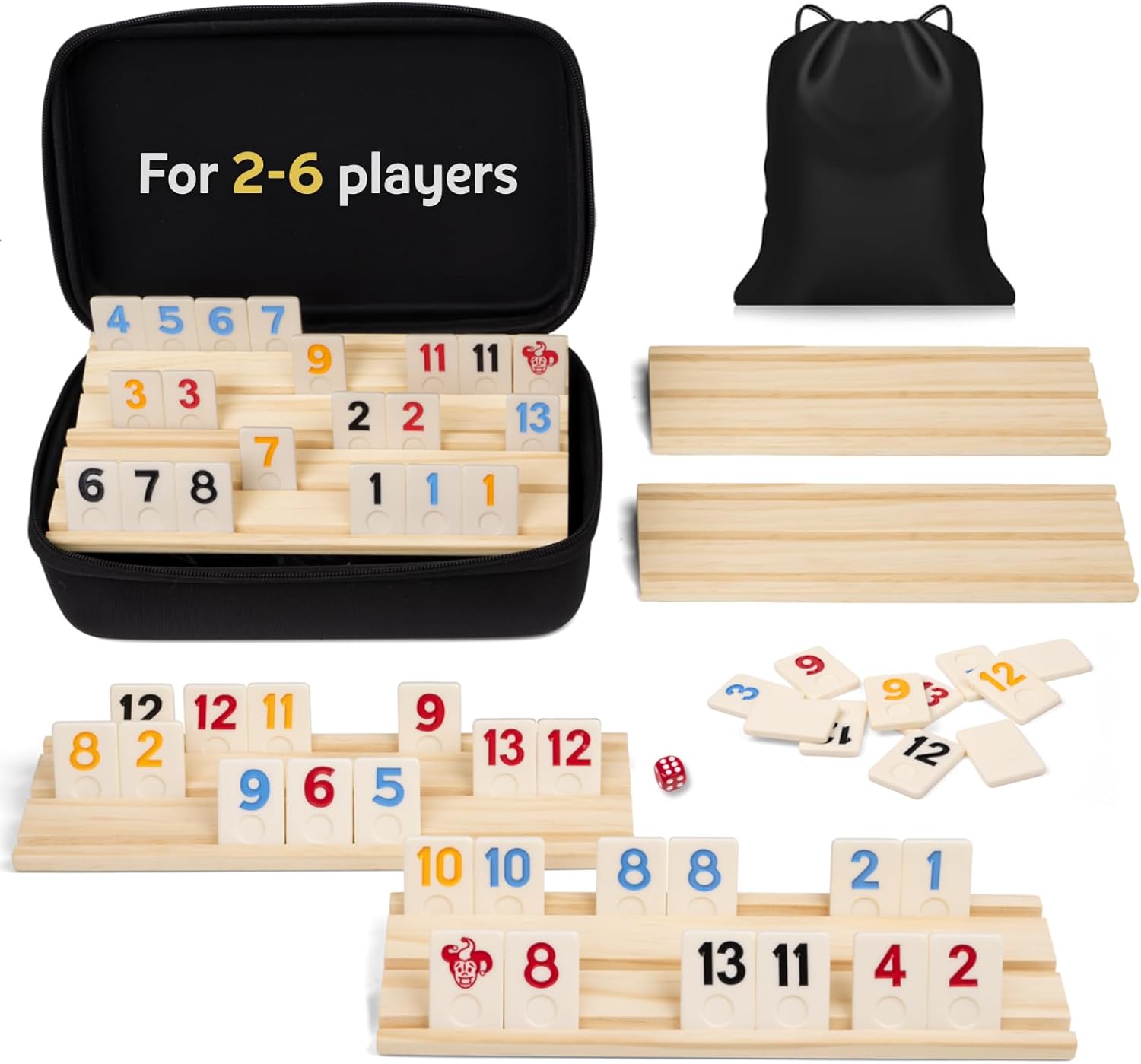 Amazing Pride® Upgraded 2-6 Players Rummy Cube Game with 6 Wooden Racks, 160 Tiles, Drawstring Bag, Premium Portable Zippered Case