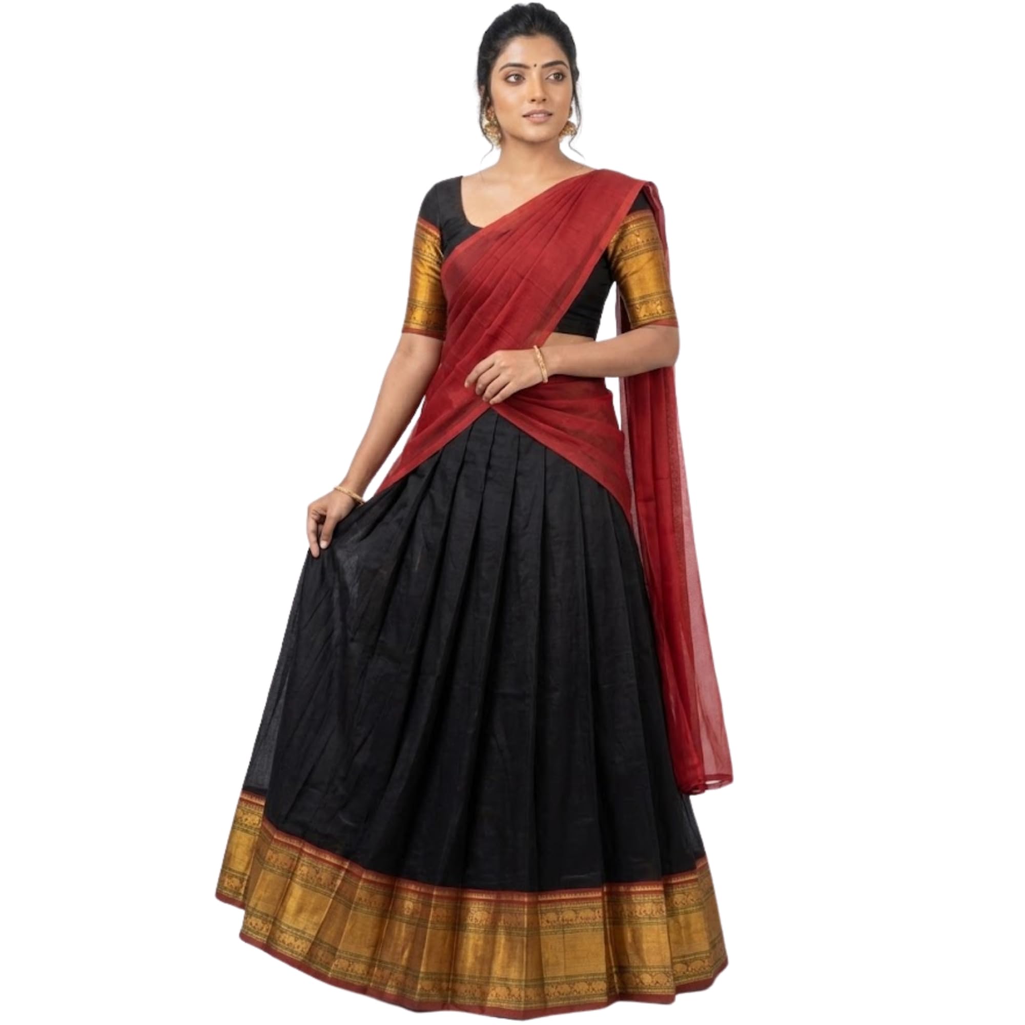 swami studio Women Silk Heavy Kanchipuram Wedding Style Semi-Stitched Lehenga Set South Indian Traditional Half Saree for Women & Girls Silk Half Saree with Regular Fit Blouse & Dupatta Black Red-picture-26