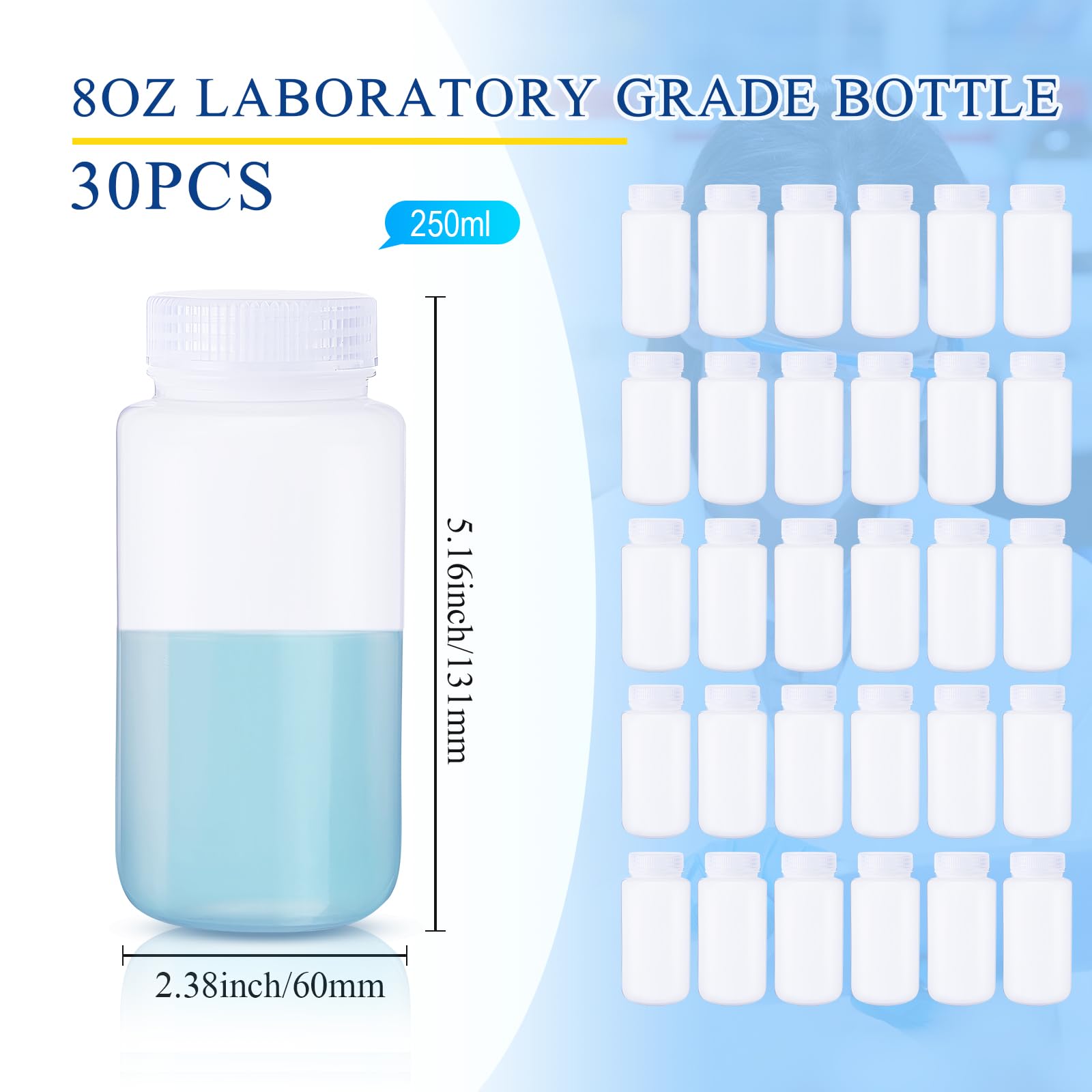 Tatuo 30 botellas de muestra de plástico de 8 onzas, botella de reactivo de boca ancha con tapas de rosca, botellas de almacenamiento de líquidos translúcidos de polietileno para laboratorio y aula,