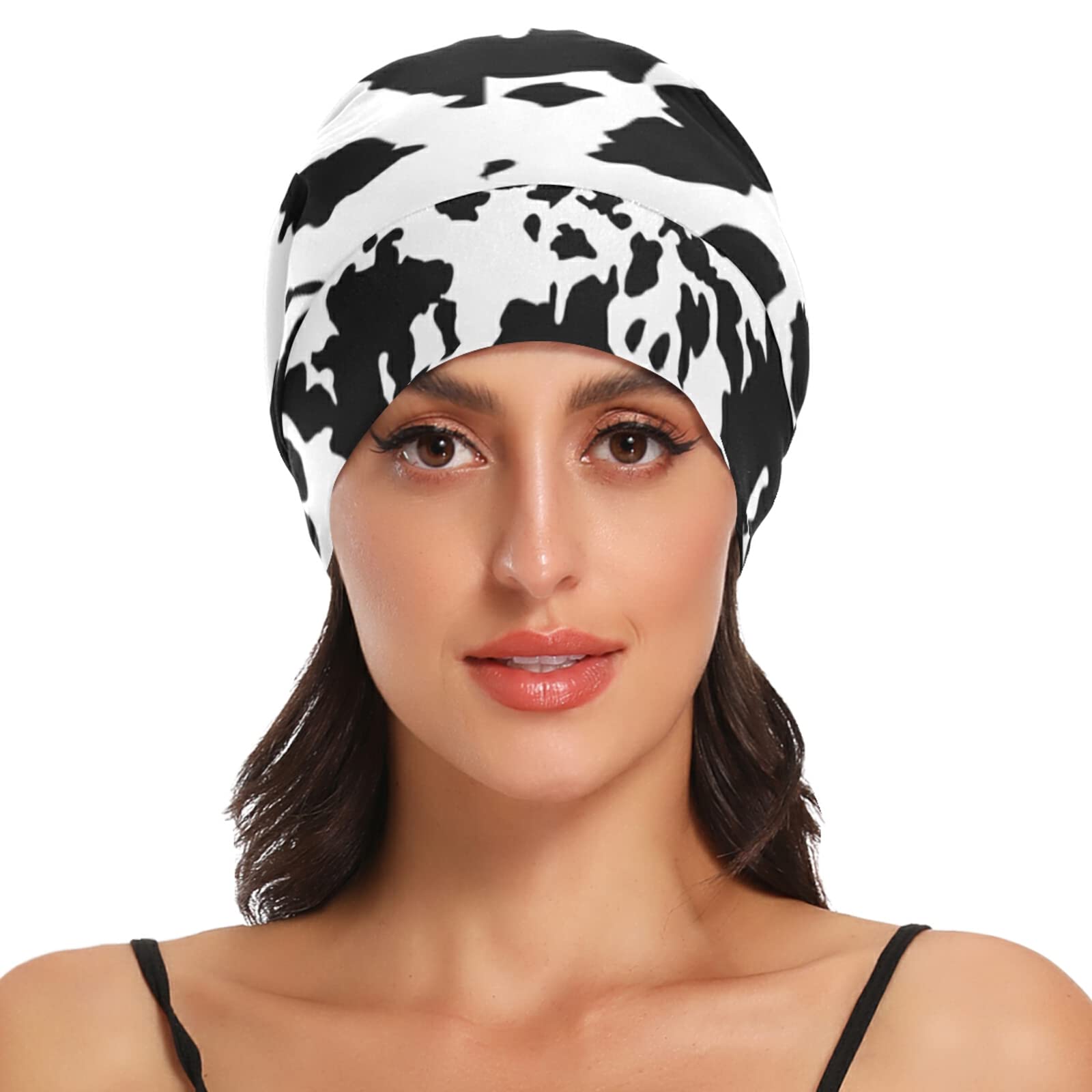 Animal Texture Print, Cow Skin Black White, Black Stains Spots Woman Silk Satin Slouchy Beanie Sleep Cap, Lightweight Cozy Soft for Hair Cover Bonnet, Night Caps Head Cover for Sleeping