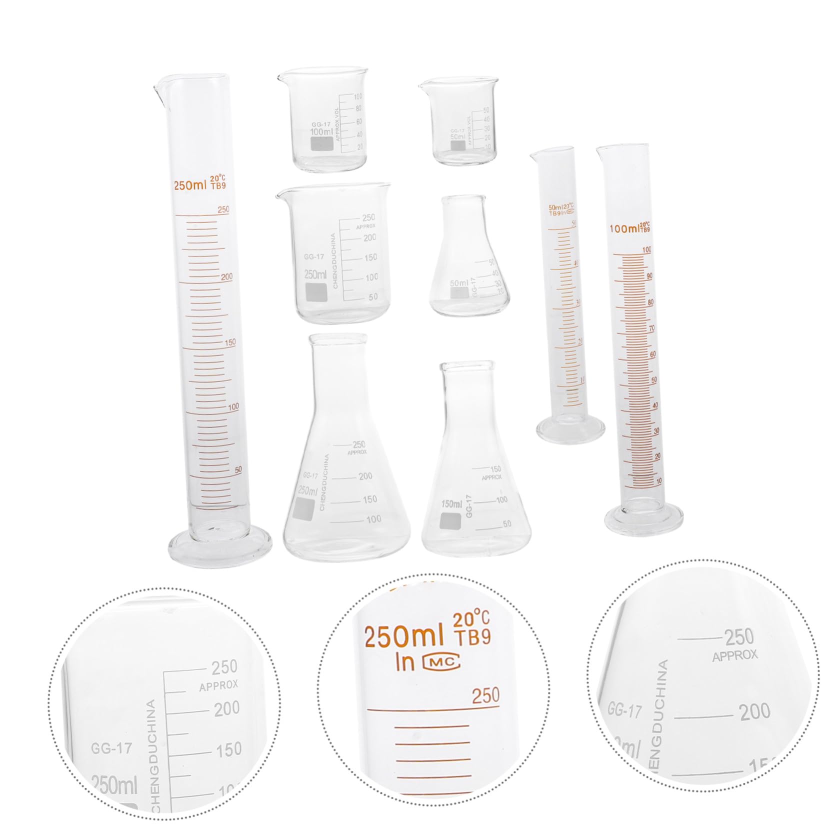 Set 9 Pezzi Cilindri Graduati in Vetro per Laboratorio Resistenza Alta Temperatura e Nessuna Perdita Laterale, Capacità 50ml-250ml per Applicazioni Scientifiche
