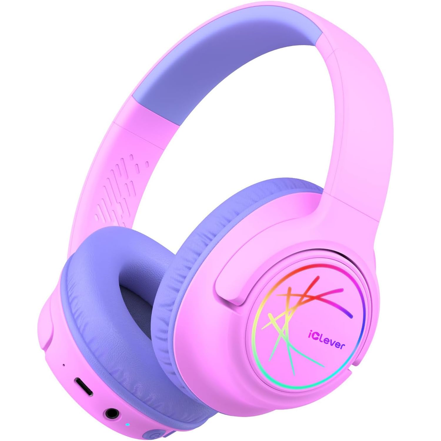 iClever Bluetooth Kopfhörer Kinder mit LED-Leuchten, 74/85dBA Lautstärkebegrenzung, 43 Stunden Spielzeit, Stereo-Sound, Typ-C, AUX-Kabel, Bluetooth5.3 Kinderkopfhörer für Tablet/Reisen
