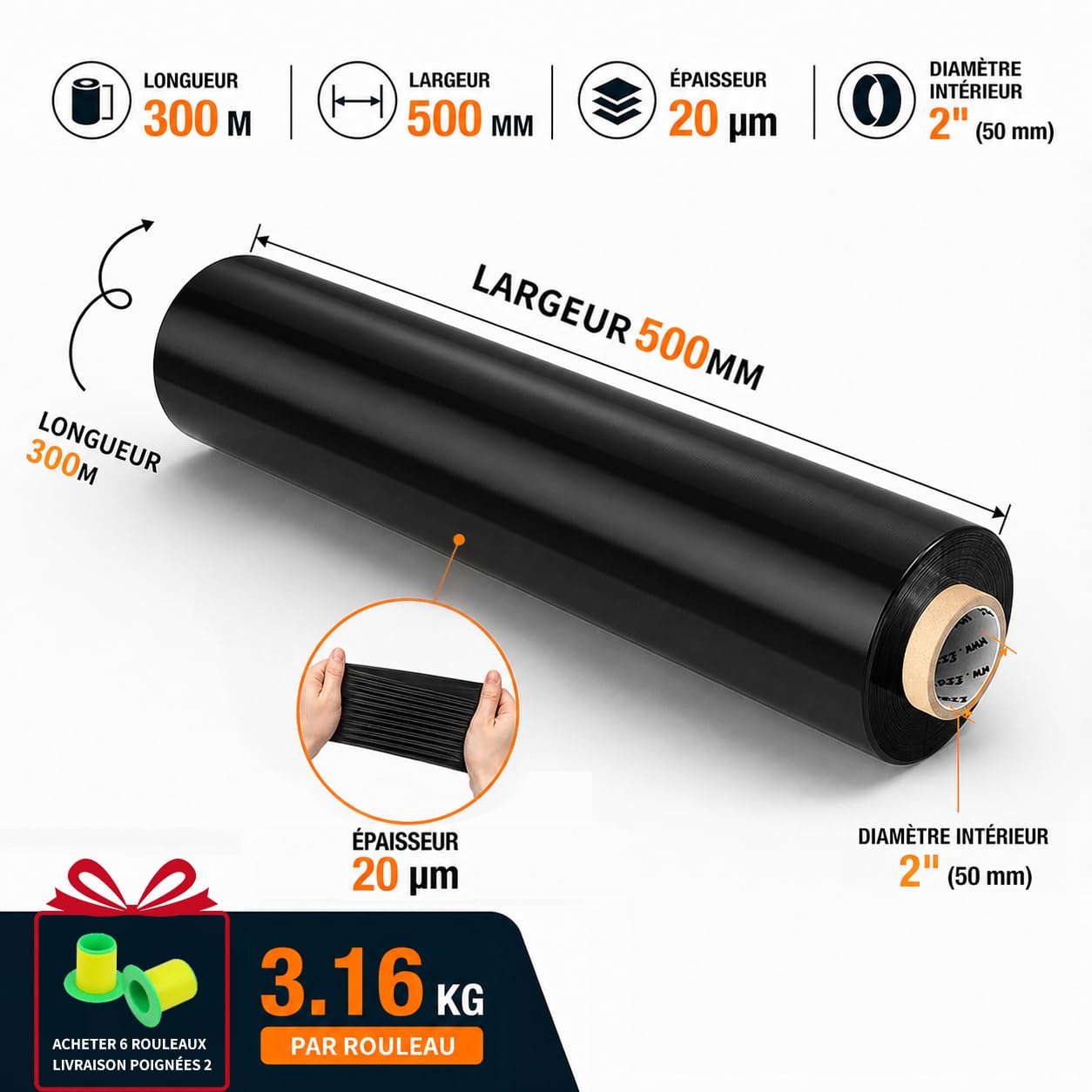 Lot de 6 Films Étirables Noirs 50 cm x 300 m, 20 Microns, 3,16 kg – Film Palette Opaque et Résistant pour Emballage, Protection Colis et Stockage