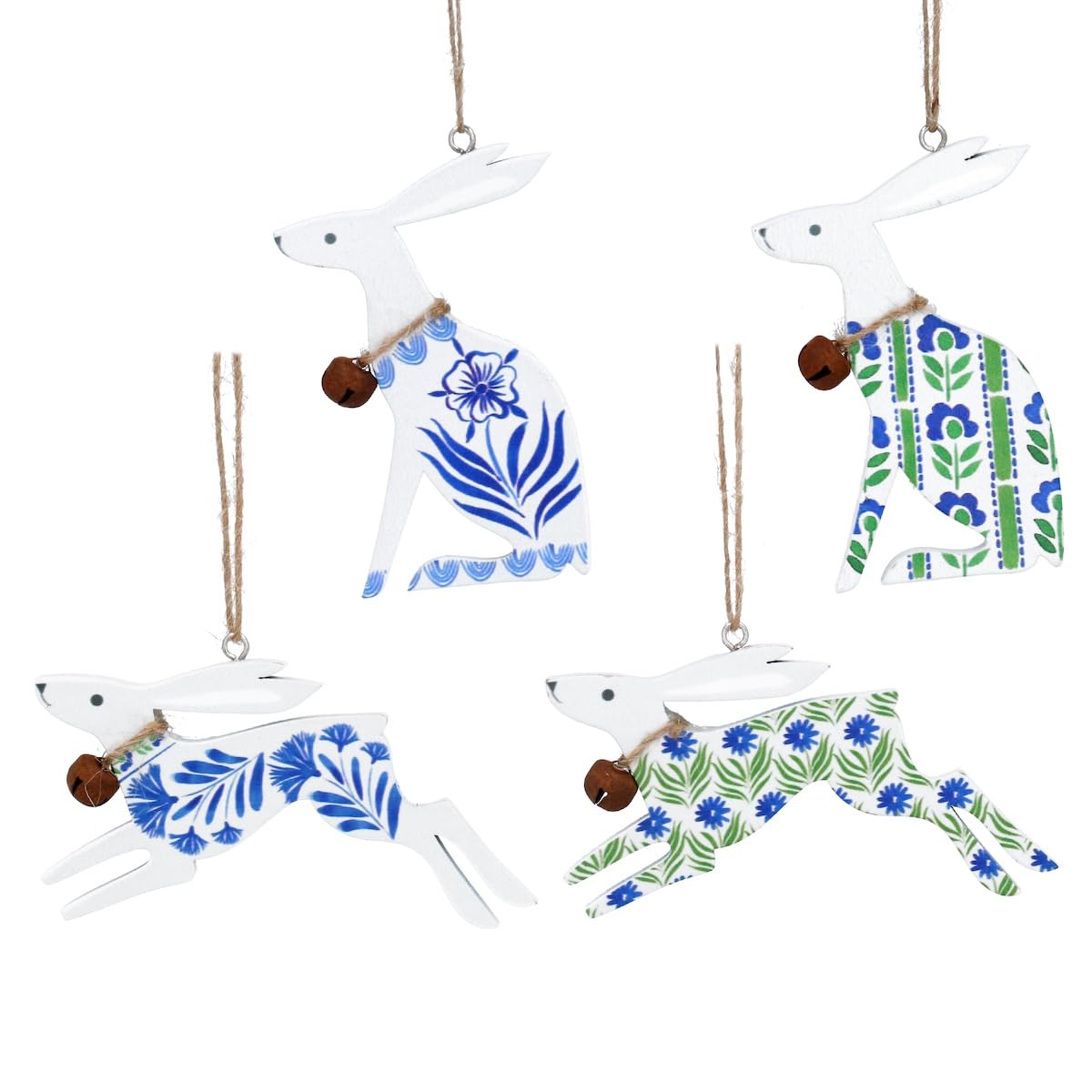 Gisela Graham Multicoloured Set Of 4 Blue Floral Hares Easter Decorations