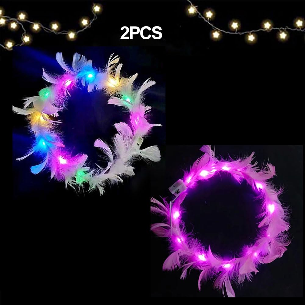 LED Federkranz Stirnband – 6 Stück In Verschiedenen Farben | Leuchtender Kopfschmuck Für Party, Hochzeit, Festival