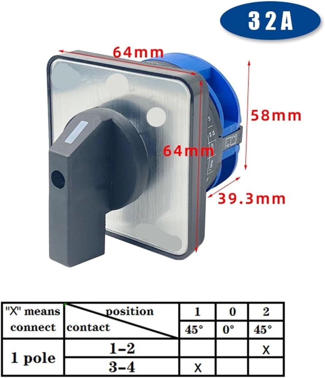 690V 32A 1 Pole Changeover Rotary Cam Switch Selector Silver Contact Control Circuit LW28 YMW26 LW26-32/1(1-0-2)