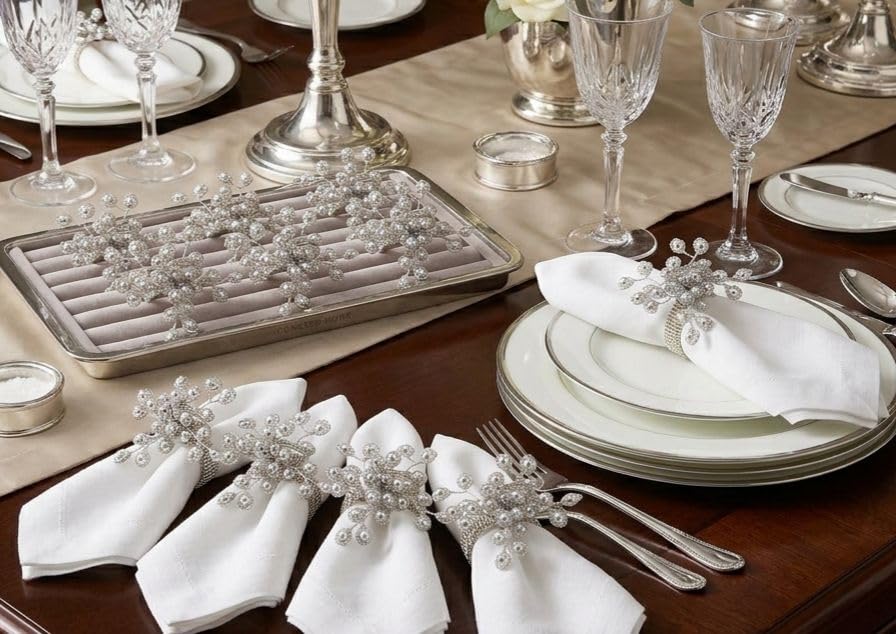 Image of Seed Bead Handmade Dinning Table Napkin Ring Holder Set for Tables Decoration Dinners Parties Everyday Use (Silver) - Pack of 12