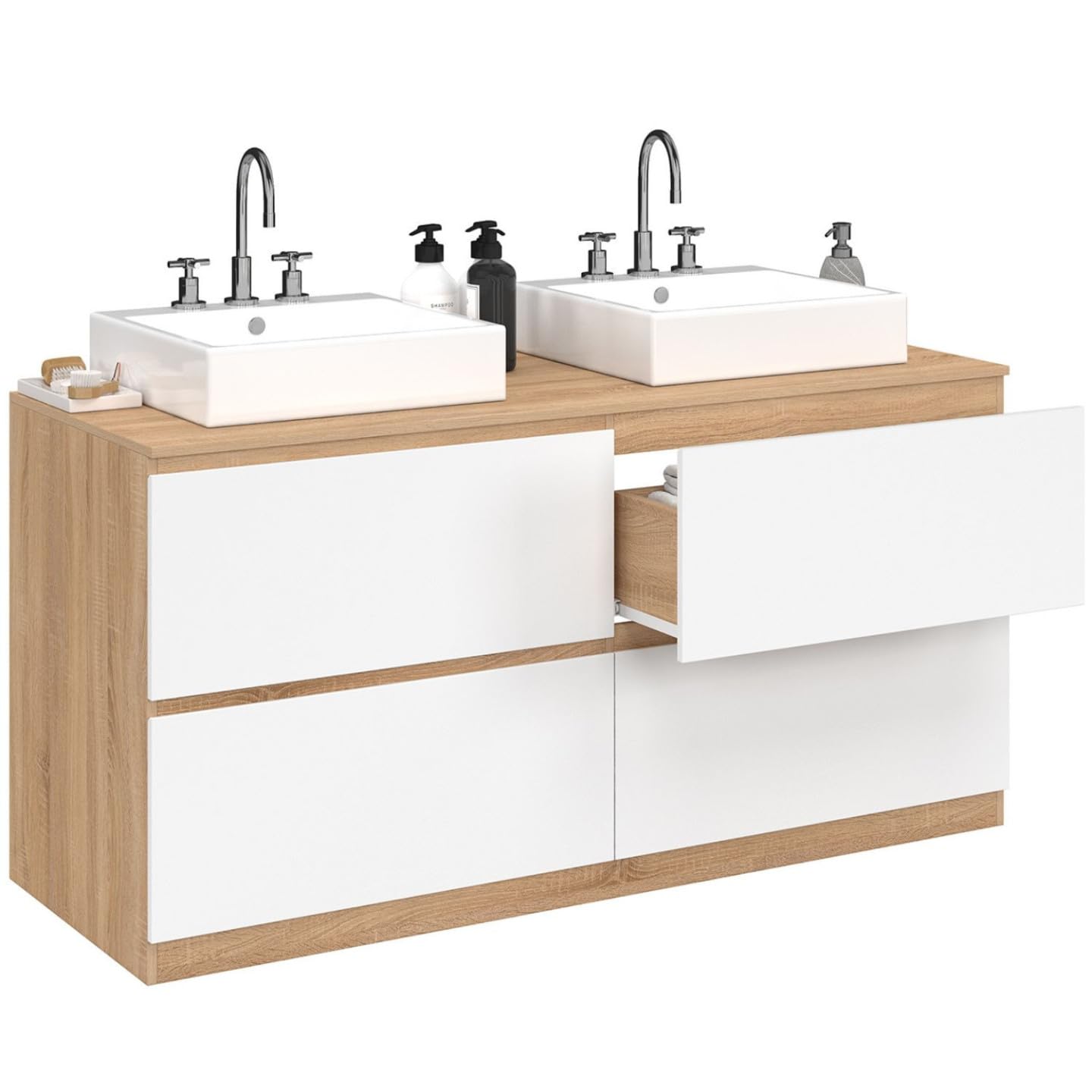 IDMarket - Meuble Double Vasque Suspendu Salle de Bain TOMI 120 cm 4 tiroirs façon hêtre et Blanc