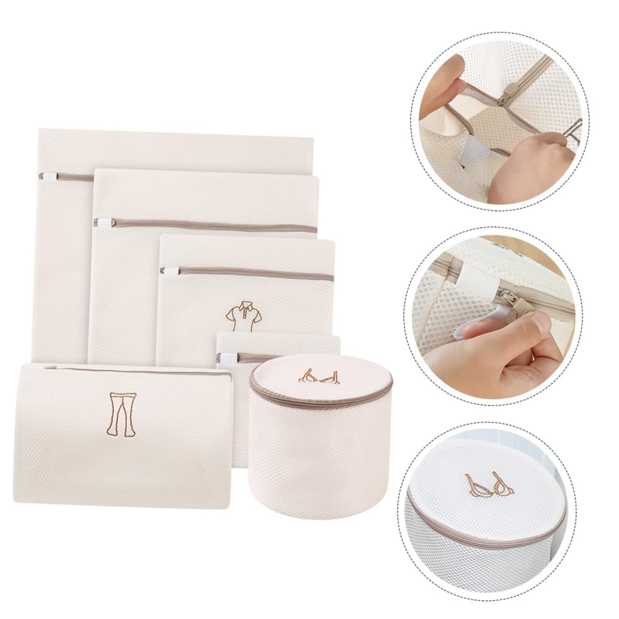 Bolsa de Lavado de Malla de Poliéster Beige Cierre, Juego de 6 Piezas para Proteger Ropa Interior y Evitar Enredos y Daños Lavadora