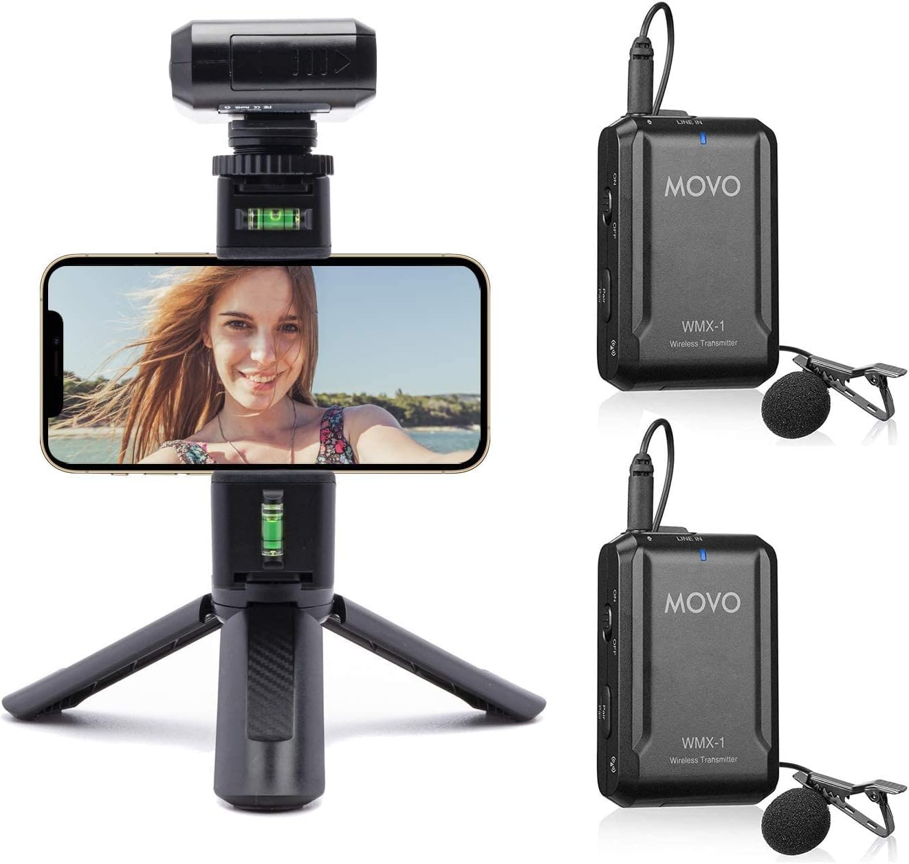 Movo WMX-1-DUO Wireless Microphone Smartphone Vlogging Kit with Mini Tripod and Rotating Phone Holder for Tripod - Wireless Lapel Microphone for iPhone and Android Smartphones, DSLR Camera, and More