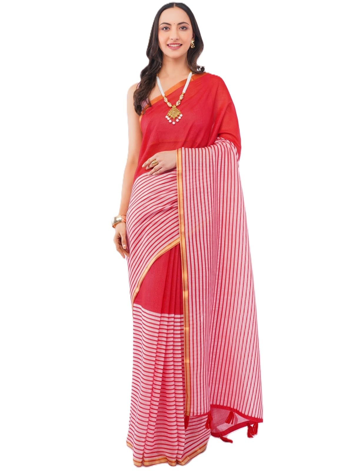 samantha Samanth Women's Blue & White Chevron Printed Linen Saree with Unstitched Blouse-picture-41